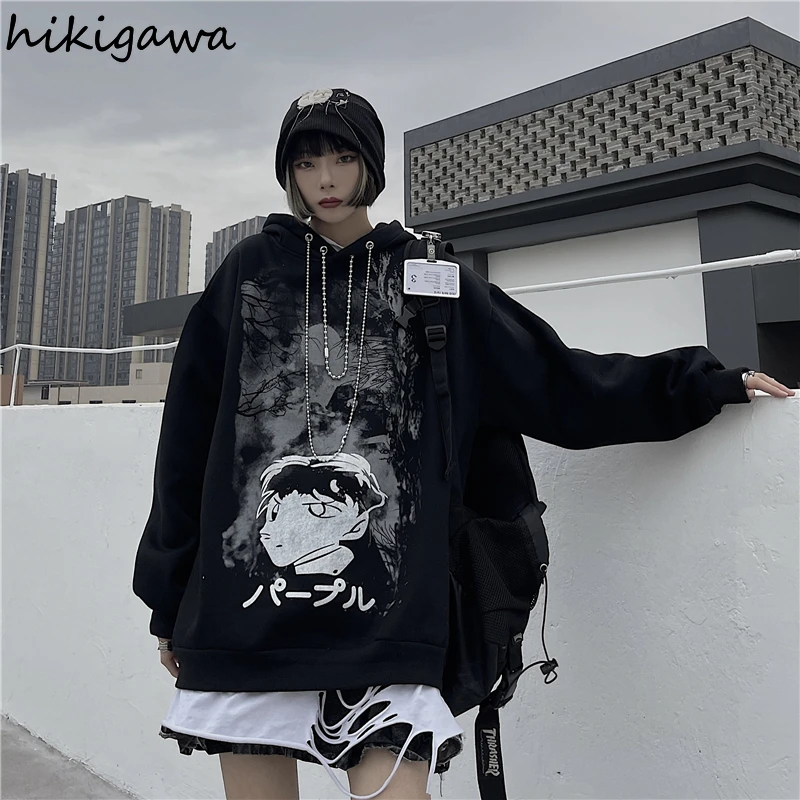 

Hikigawa Hoodies Women 2021 Korean Cartoon Print Long Sleeve Tops Plus Velvet Thick Oversized Black Hooded Sweatshirt Jacket