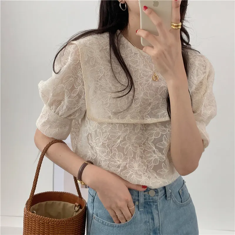 

Navy Style Lapel Embroidery Lace Cute 2021 New Women Blouses Chic Lady Gentle Half Sleeves Sweet Girls Loose Shirt Tops