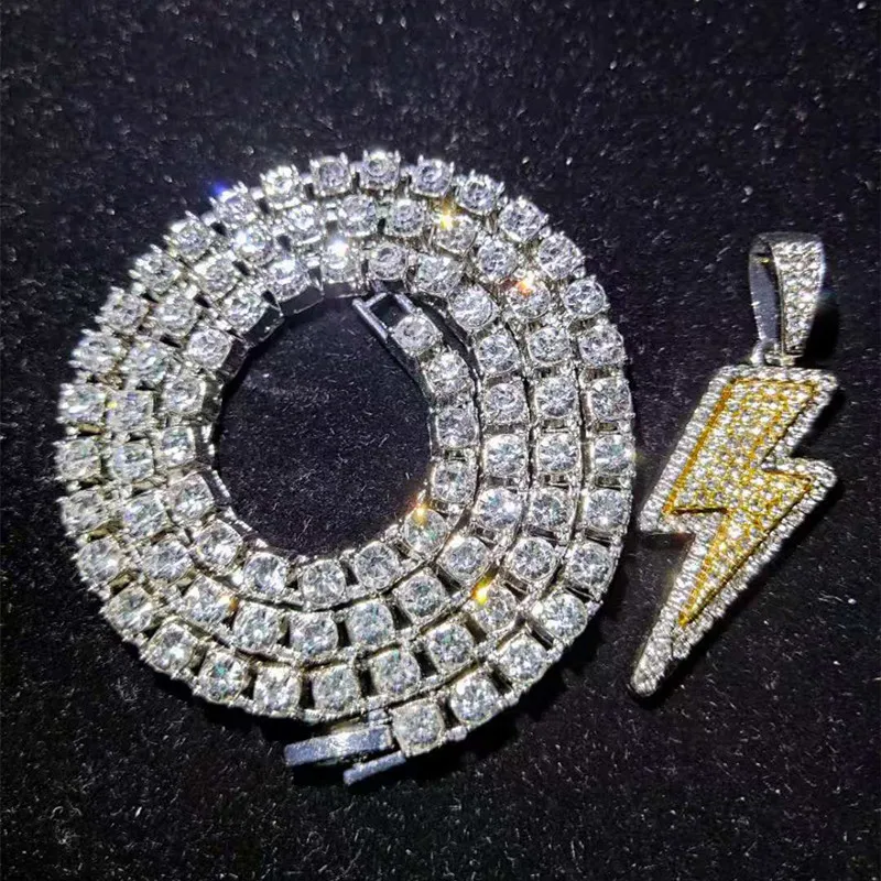 

Men Women Hip Hop Lightning Pendant Necklace with 4mm Tennis Chain Iced out Bling Necklaces Hiphop Jewelry Fashion Gift