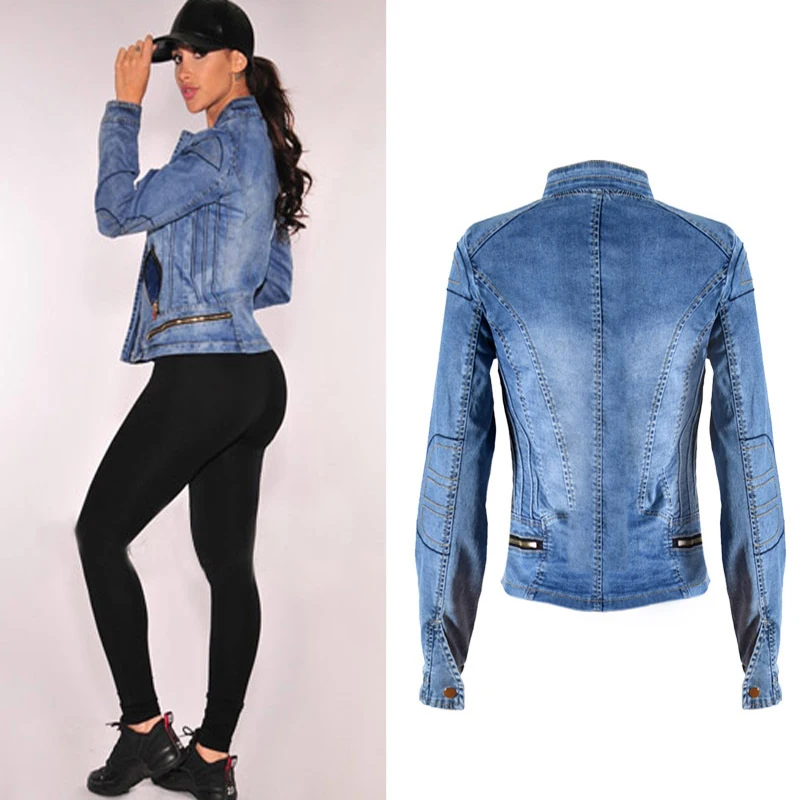 

Spring New and autumn Fashion Women Baseball Jackets Stretch Denim Jacket Multi-zipper Short Motor Style Female Denim Coats