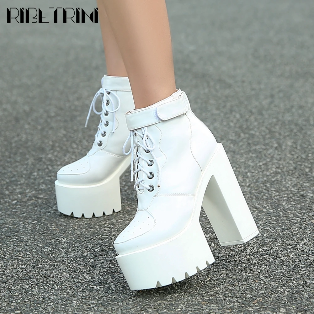 

RIBETRINI High Platform Motorcycle Shoes New Cool High Block Heels Ankle Women Boots Fashion Black Dress High Boots