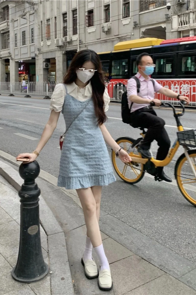 Корейское платье с лацканами светло-голубое поясом и | Женская одежда