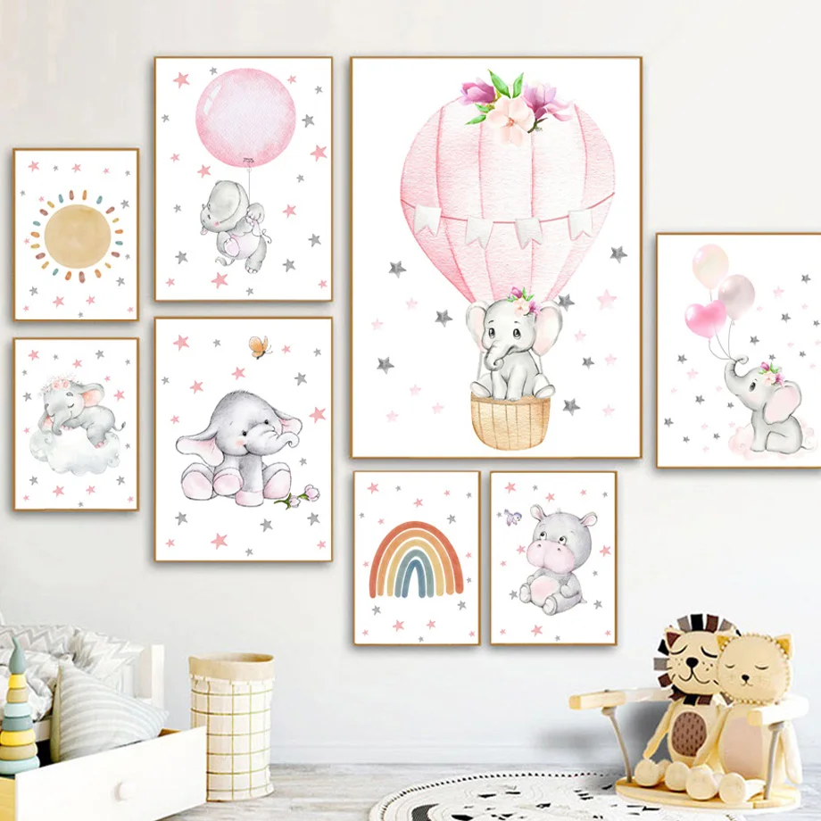 

Baby Elephant Hippo Bear Balloon Rainbow Cloud Boho Posters And Prints Wall Art Canvas Painting Wall Pictures Kids Room Decor