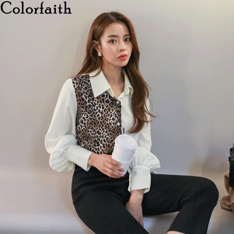 Colorfaith новые женские блузки рубашки 2019 осень зима Лоскутные леопардовые пояса на