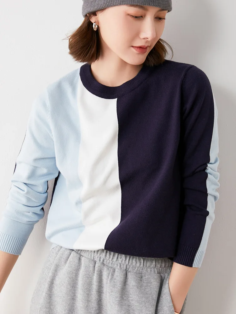 

2146 Winter Fall Sweater Women Basic Patchwork Color O-Neck Elegant Fashion Thin Slim Fit Korean Office Simple Knit Pullovers