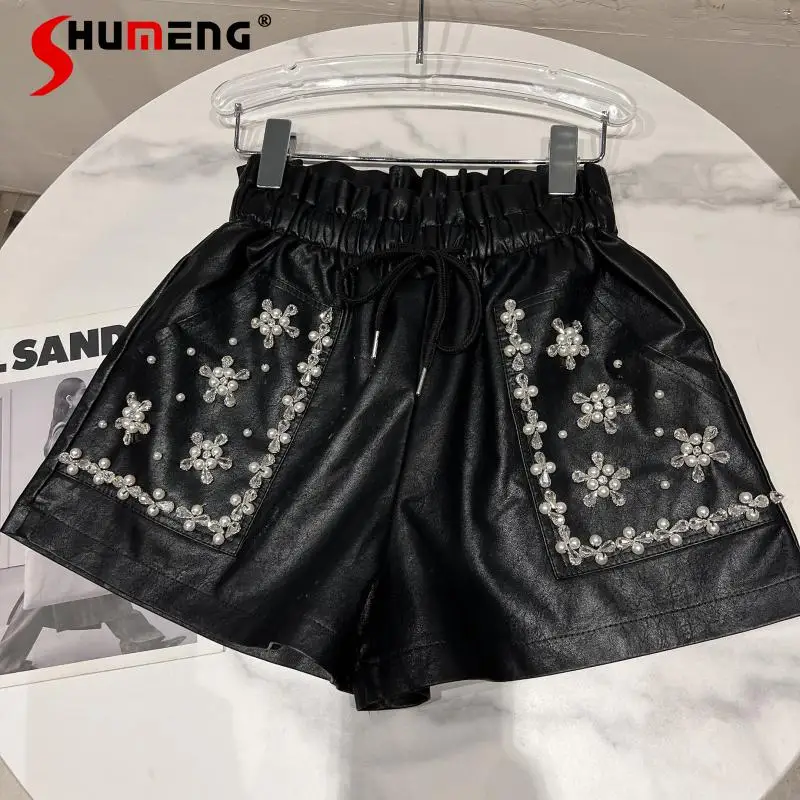 

Versatile Drawstring Elastic Waist Loose Wide-Leg Shorts Women 2021 Winter New Fashion Rhinestone Beaded PU Leather Pants Ladies