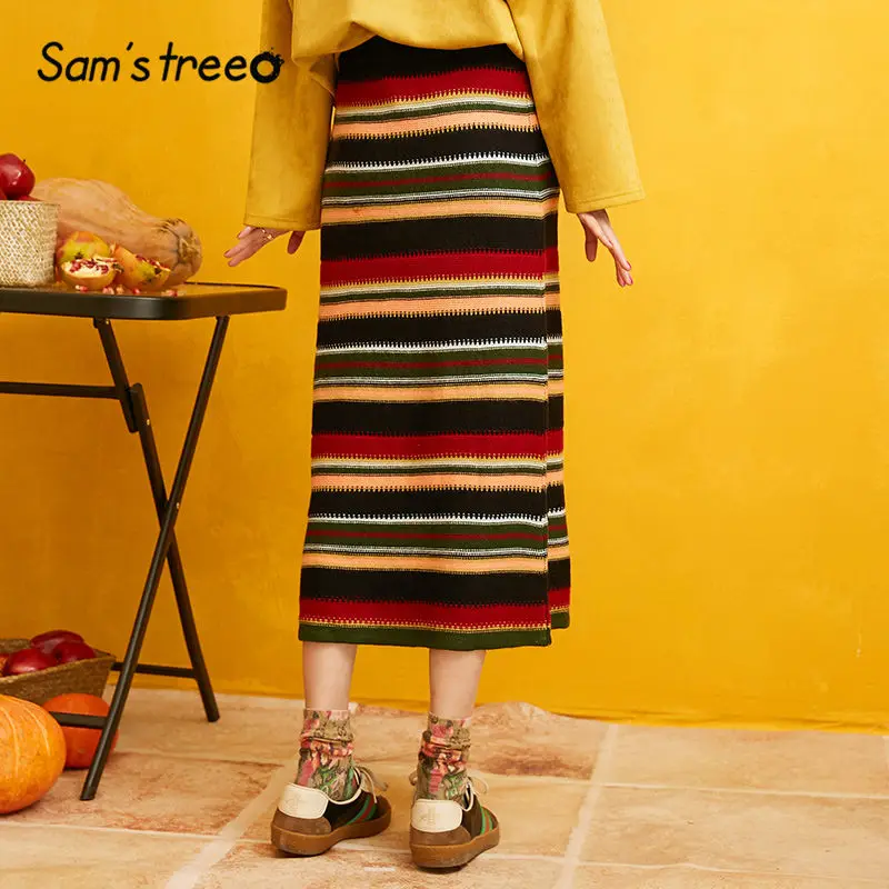 SAM'S TREE, цветные полосатые вязаные юбки-карандаш для женщин, осень, черные однотонные юбки в Корейском стиле, повседневные офисные женские юбки