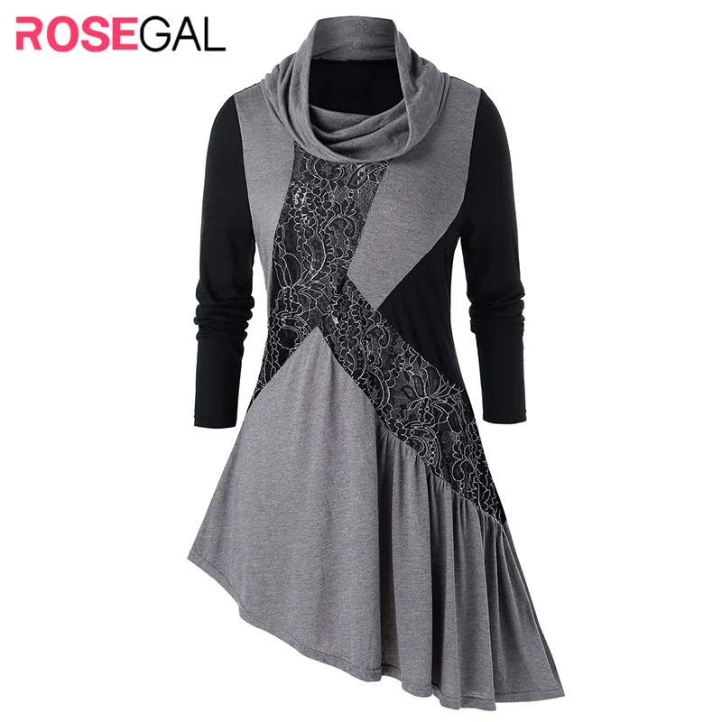 ROSEGAL размера плюс кружевная панель хомут шеи Асимметричная Туника тройник для
