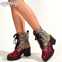 brand sale square heels big size 43 multi snake veins skidproof sole platform booties ankle women shoes female boots
