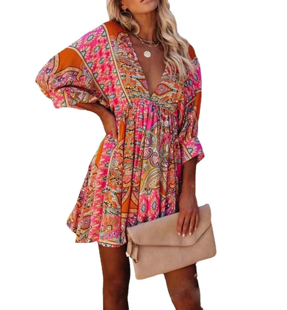 

Sexy Ladies Deep V Neck Summer Mini Dress Women Flare Sleeve Stripe Print Elegant Party Dress Casual Loose Femme Dress Vestidos