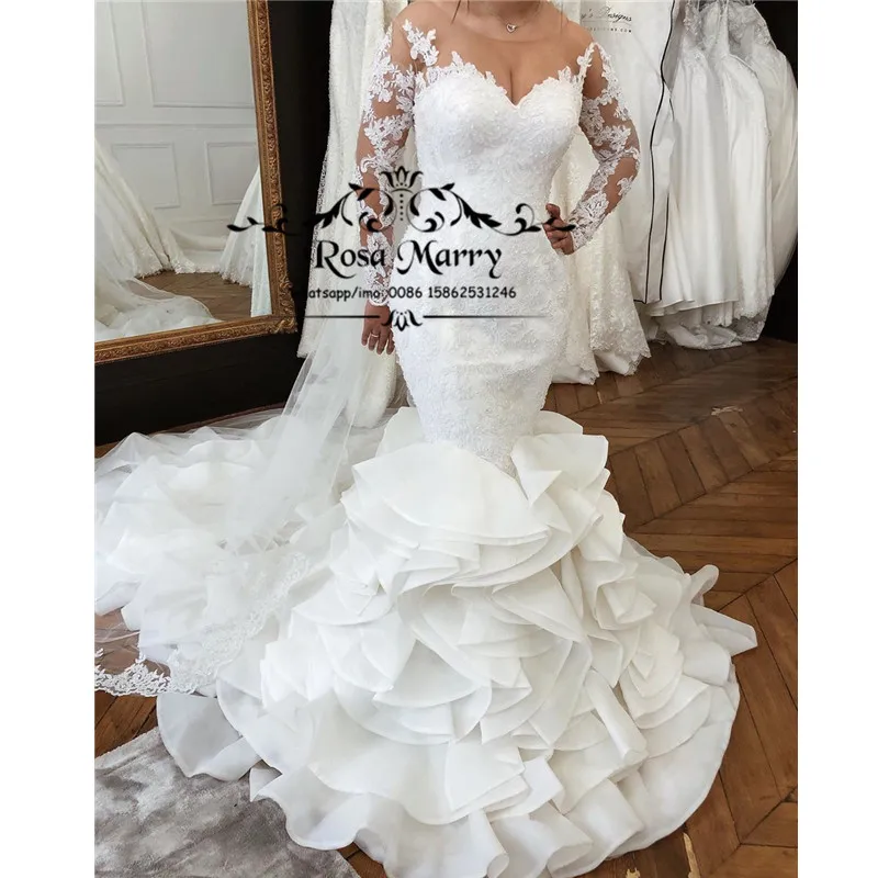 

Sexy Cascading Ruffles Mermaid Wedding Dresses 2020 Plus Size Vintage Lace Long Sleeve Sequined Beaded Vestido De Novia