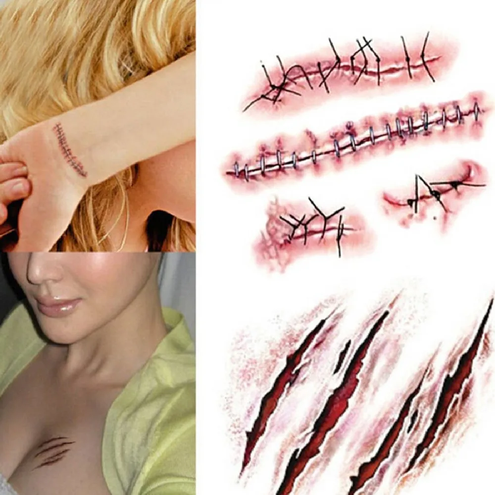 GH Halloween Party Decoration Zombie Scars Tattoos with Fake Scab Bloody Makeup Props Wound Scary Blood Injury Sticker | Дом и сад
