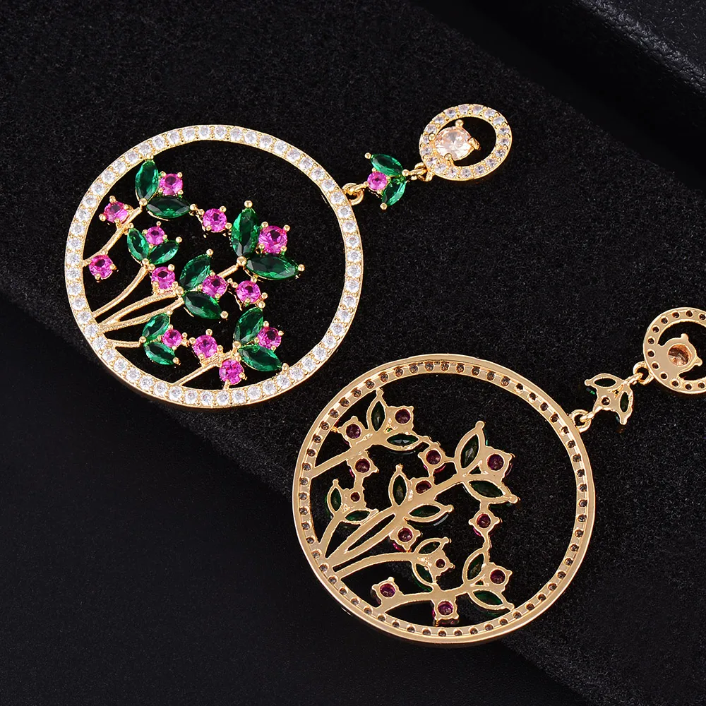 

Multicolor Round Hollow Flower Pendant Cubic Zirconia Drop Dangle Earrings For Women Wedding Bridal Jewelry earrings for women