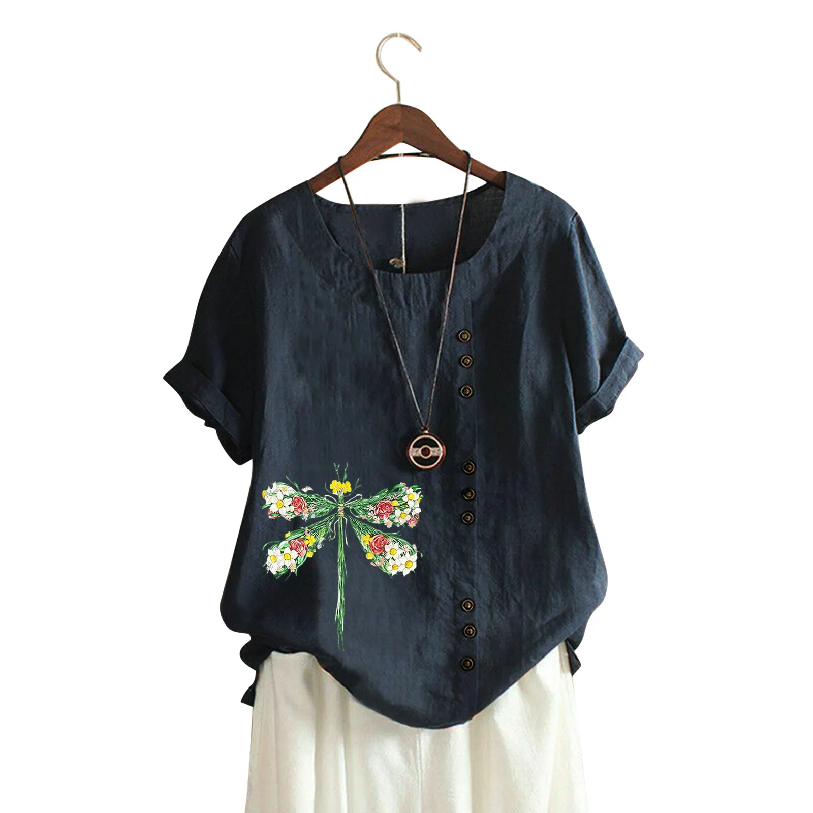 

Блузка женская с круглым вырезом и коротким рукавом, из 2021 хлопка и льна