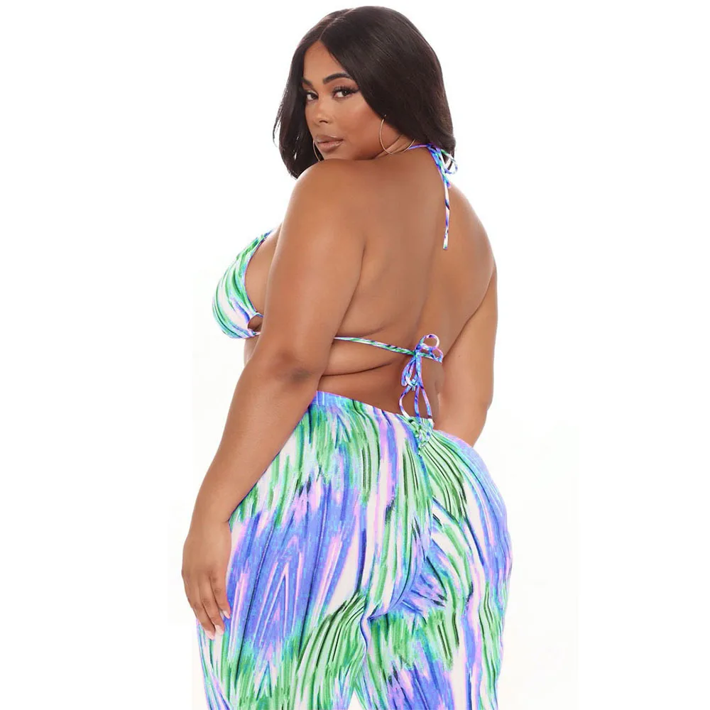 

Beach Style Women Plus Size Striped Two-Piece Set Sexy Halter Lace-up Backless Bra High Waist Wide-leg Pants 2021 Summer Outfits