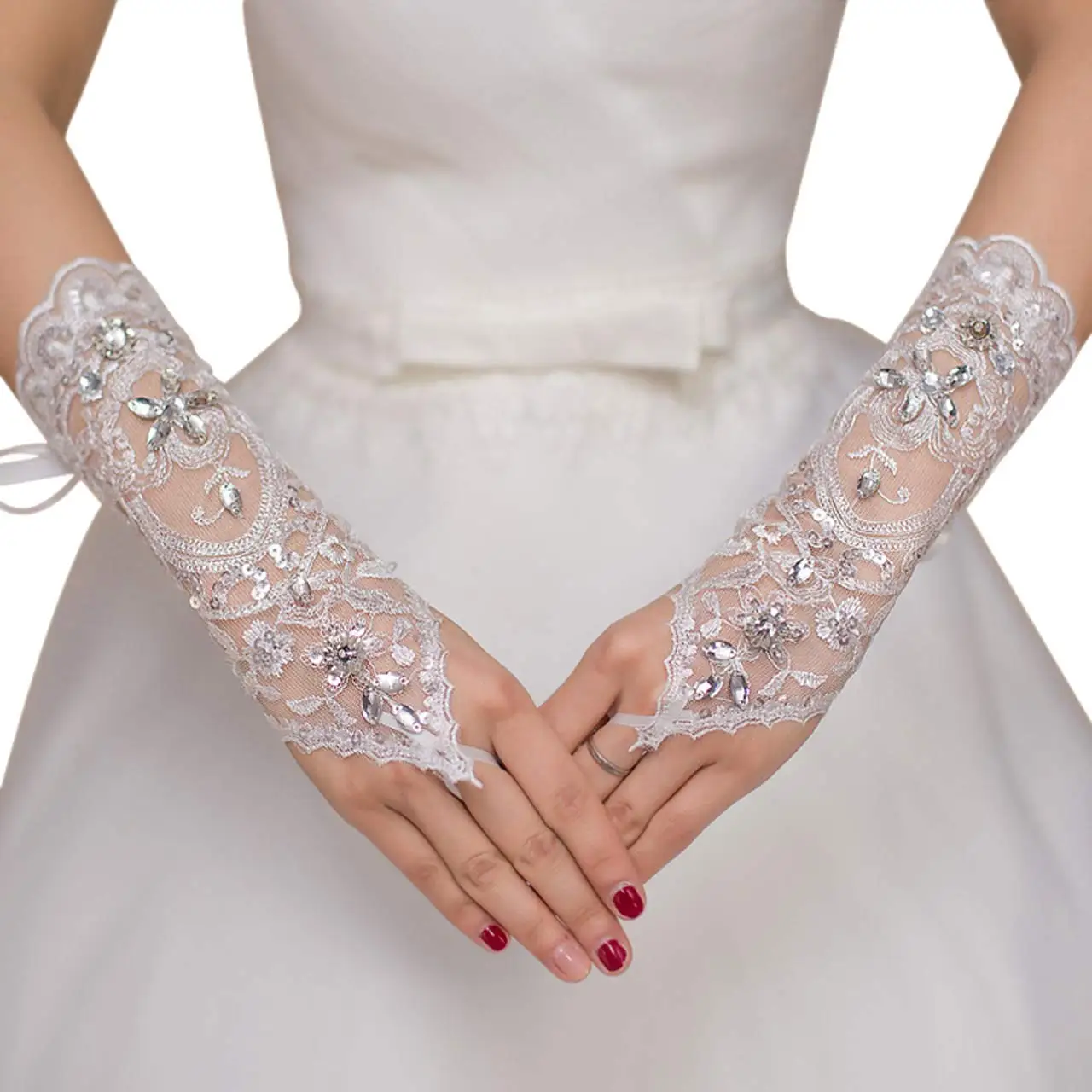 

Lace Gloves Fingerless Rhinestone Bridal Gloves for Wedding Party 2022
