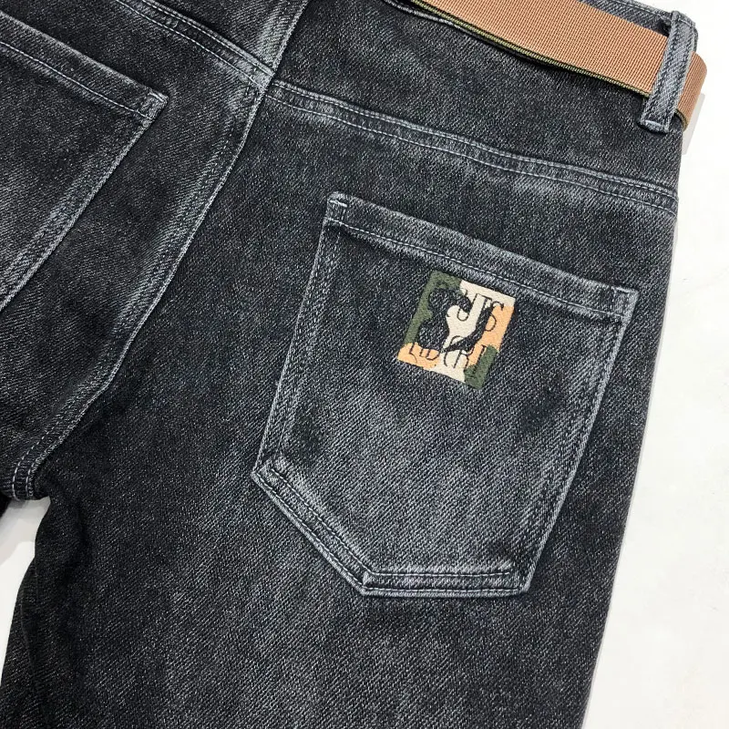 Korean Style Fashion Men Jeans Retro Black Gray Elastic Slim Fit Vintage Jeans Men Embroidery Designer Casual Denim Pencil Pants