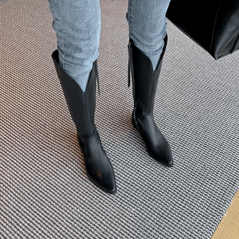 

CONASCO Genuine Leather New Women Knee-High Boots Autumn Winter Fashion Concise Side Zipper Shoes Woman Pointed Toe Long Boots