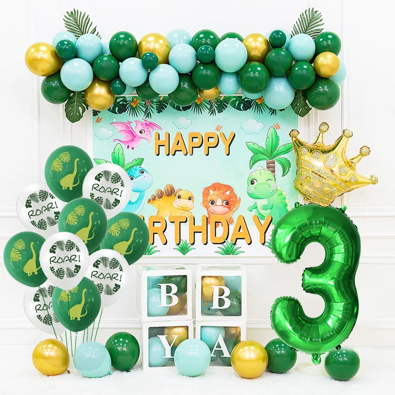 

11pc/green Aluminum Foil Number Birthday Balloon Dinosaur Latex Balloon Kids Jungle Theme Animal Party Decorations Baby Shower