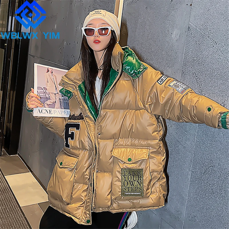 

Hooded Parka Women Patch Pocket Fashion Letter Embroidery Glossy Down Jackets Thick Warm Winter Jacket Loose Cotton Coat Female