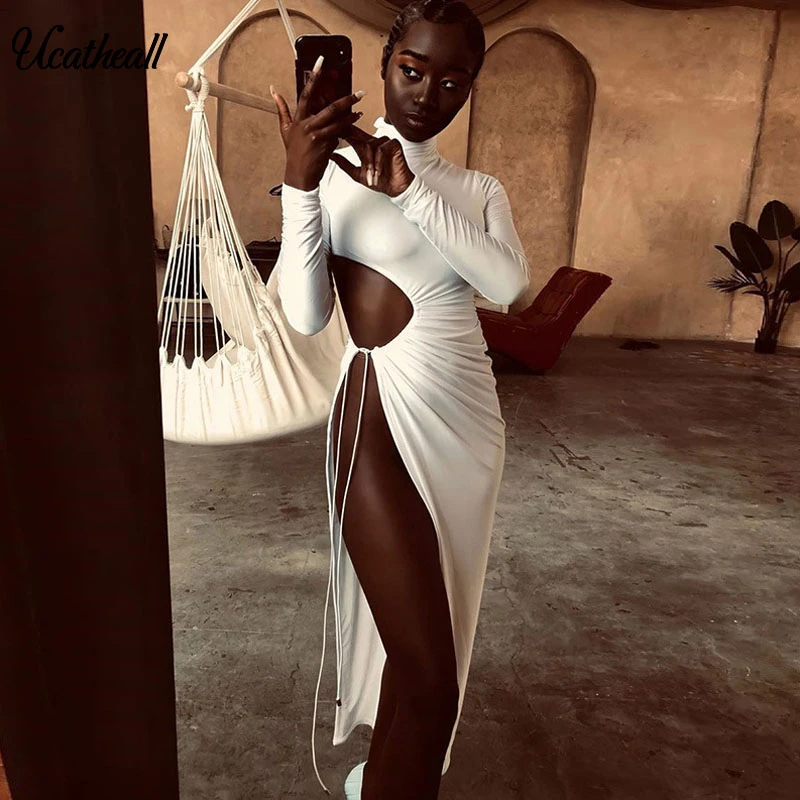 Женское вечернее платье с разрезом сбоку однотонное Клубное круглым вырезом и