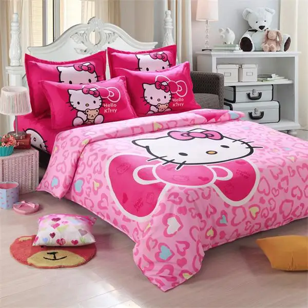 as picture Лучший. WENSD роскошный 3d постельное белье из хлопка с рисунком «hello kitty» 3/4 шт., простыня, пододеяльник, со шнурком, комплекты «king», «queen» Детская мультяшная одежда - Цвет: as picture