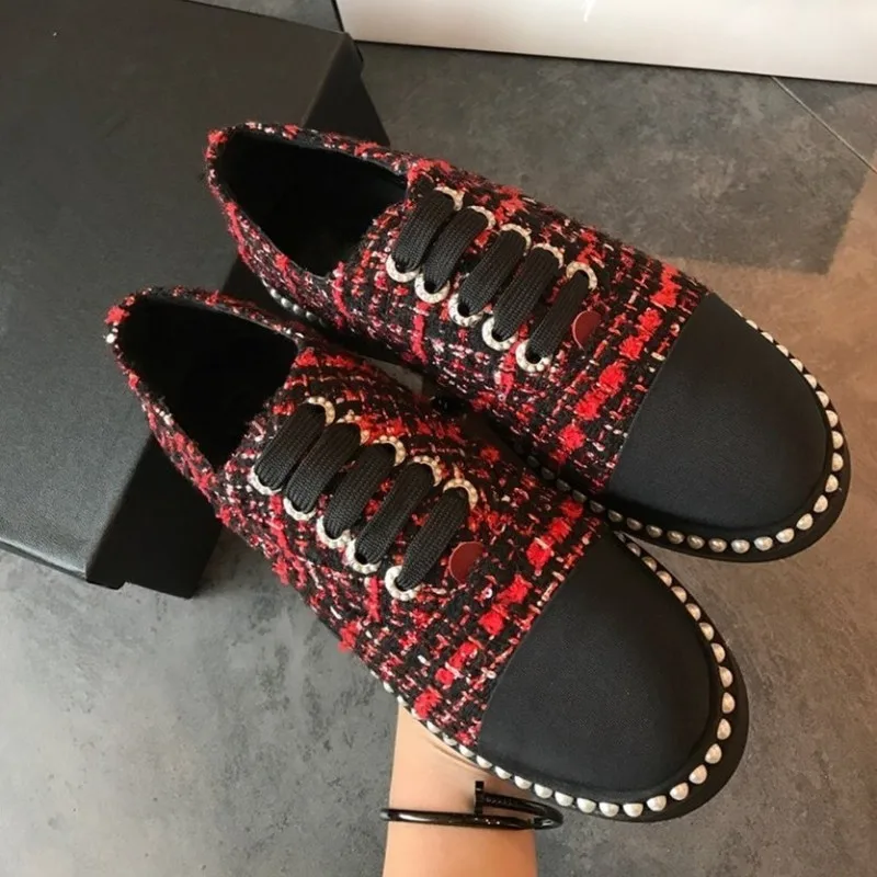 Euro Brand New Lace Up Pearls Womens Panelled Tweed Shoes Vintage Round Toe Thick Bottom Casual Female Platform Streetwear | Обувь
