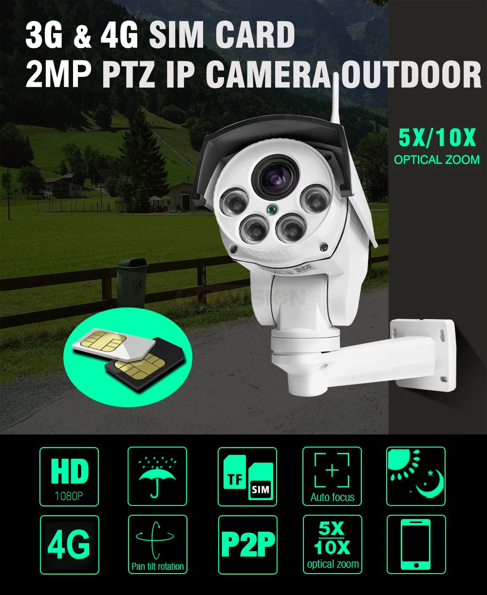 1080P 3g 4G PTZ камера наружная SIM карта камера P2P поддержка Micro SD карта хранения камера безопасности 5X 10X зум объектив CCTV камера s
