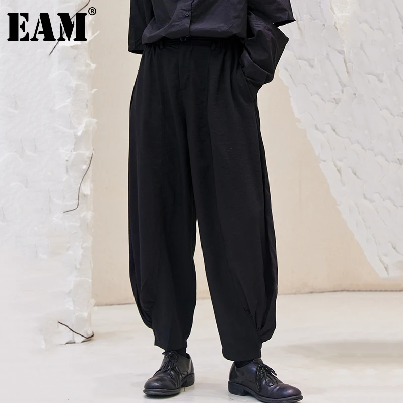 

[EAM] High Elastic Waist Black Wide Leg Casual Trousers New Loose Fit Pants Women Fashion Tide Spring Autumn 2021 1DE2839
