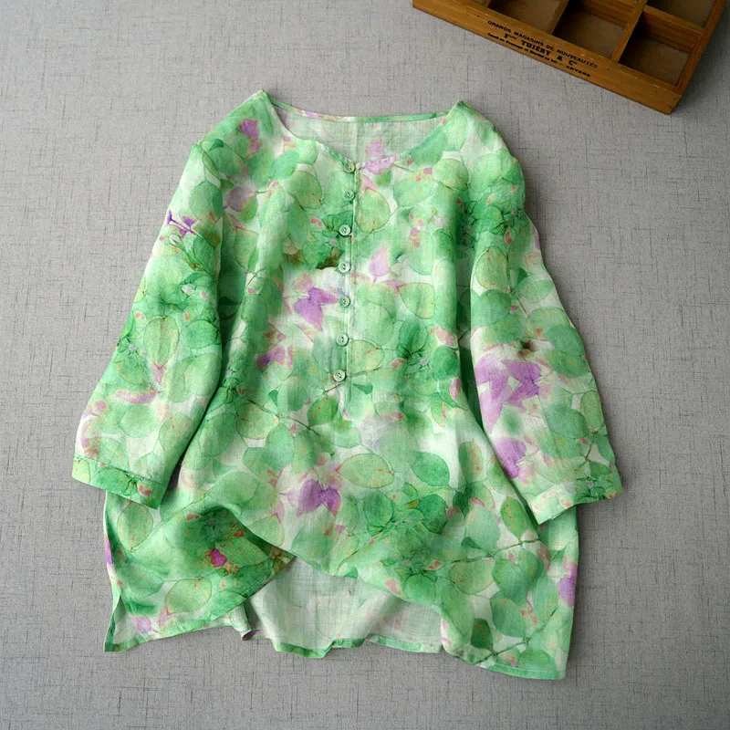 

Summer New Women All-match Loose Floral Print Comfortable Natural Fabric Water Washed Thin Lightweight Ramie Shirts/Blouses