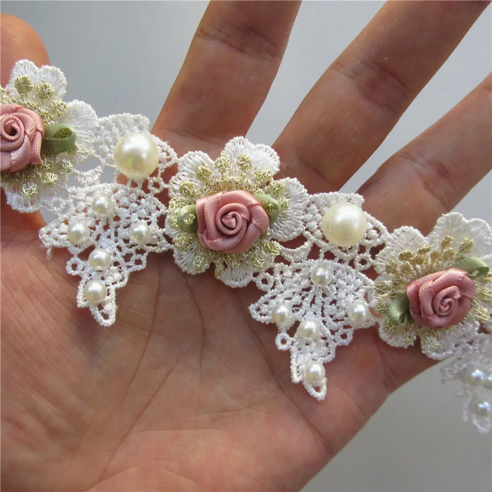 1 ярд Золотая Жемчужная роза кружевная отделка вышитая лента ткань для шитья