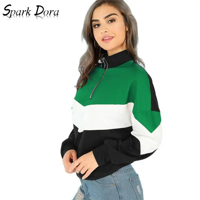 

SparkDora Multicolor Elegant Casual O-Ring Zip Front Cut And Sew Colorblock Stand Collar Sweatshirt Autumn Women Sweatshirts