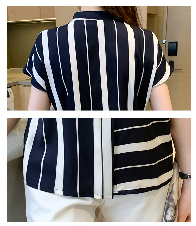 

Blouses Shirts Short Sleeve Blouse Women Blusas Mujer De Moda 2021 Summer Striped Chiffon Blouse Women Shirt Tops Women E984