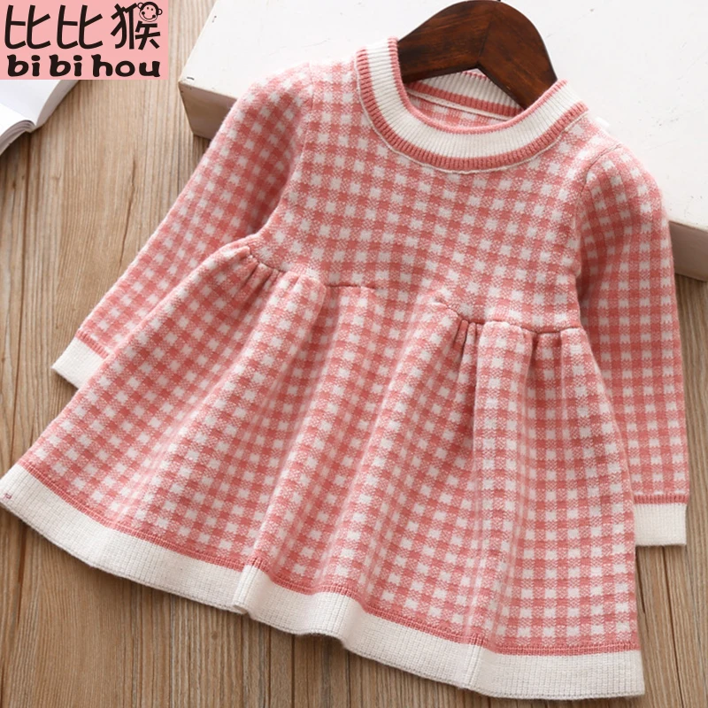 Вязаное платье для девочек Осень-зима 2019 одежда в клетку Детские платья