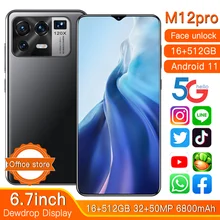 Brand New M12 Pro 6.7inch Smartphones Android 11.0 6800mAh Dual SIM 16GB RAM 512GB ROM 32+50MP 5G LTE MTK6889 Cell Phones