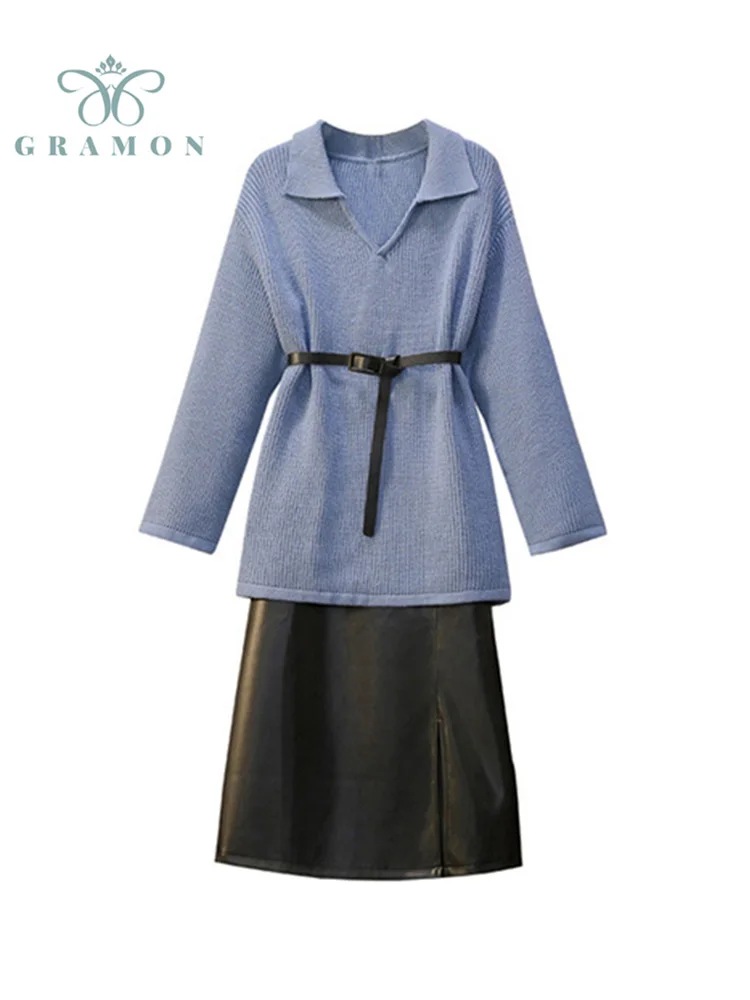 

Ladies Two Piece Sets Autumn Fashion Plus Size Skirt Suits Korean Style Simple Sweaters And Skirts 2021 Women Clothing Outfits