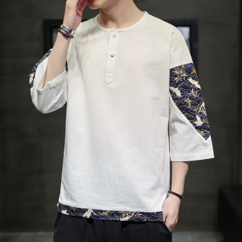 Мужская Летняя свободная футболка в китайском стиле с коротким рукавом |