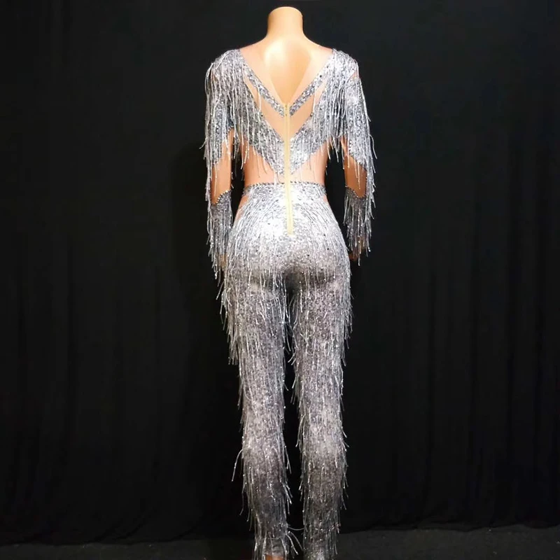 Sparkly Rhinestone Fringe See through Jumpsuit Dance Costume Big Crystals Bodysuit Tassel nightclub Party Stage Wear Sexy Outfit