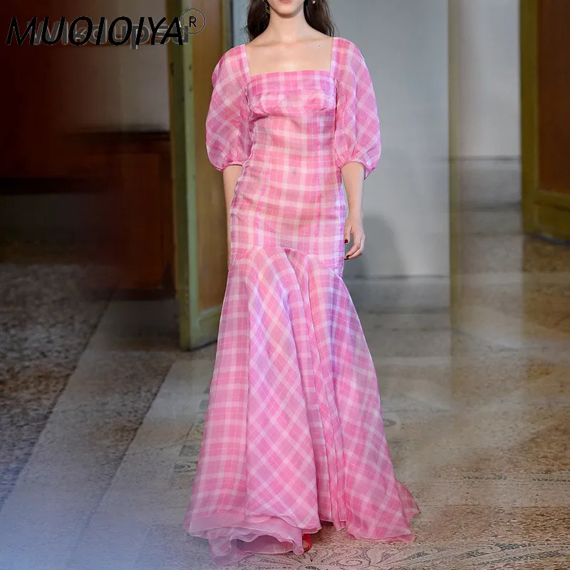 

Женское длинное платье с юбкой годе, элегантное розовое облегающее платье в клетку с пышными рукавами, вечернее праздничное платье макси, л...