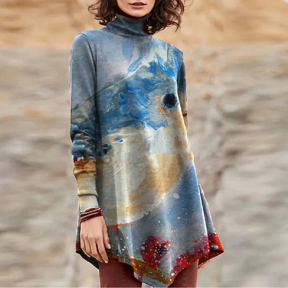 

Autumn Winter European USA Middle East Muslim Women Fashion High Neck Under T Shirt Print Loose Elegant Lady Long T-Shirts