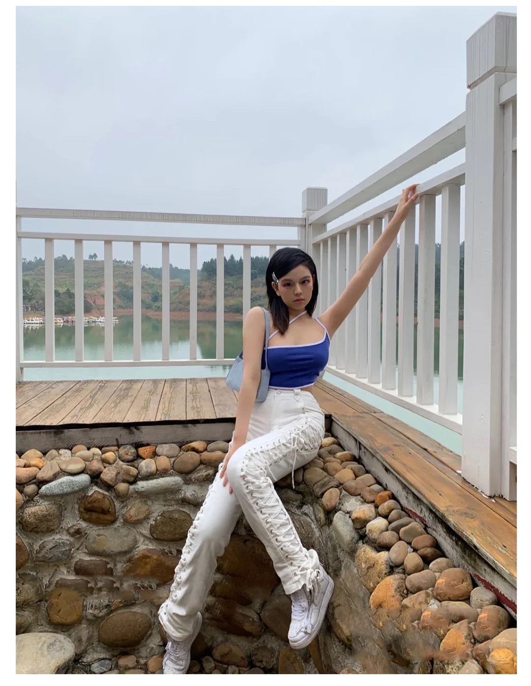 IAMGIA High Waist Slim Lace Pants Kylie Same Style European and American Hot Girl Pants Casual White Lace-up Straight Pants