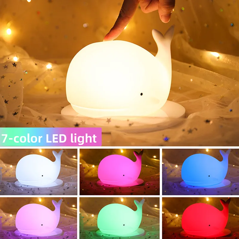 

Whale LED Night Light Touch Sensor 7 Color USB Rechargeable Silicone Desk Decor Bedroom Bedside Lamp Children Kids Baby lighting