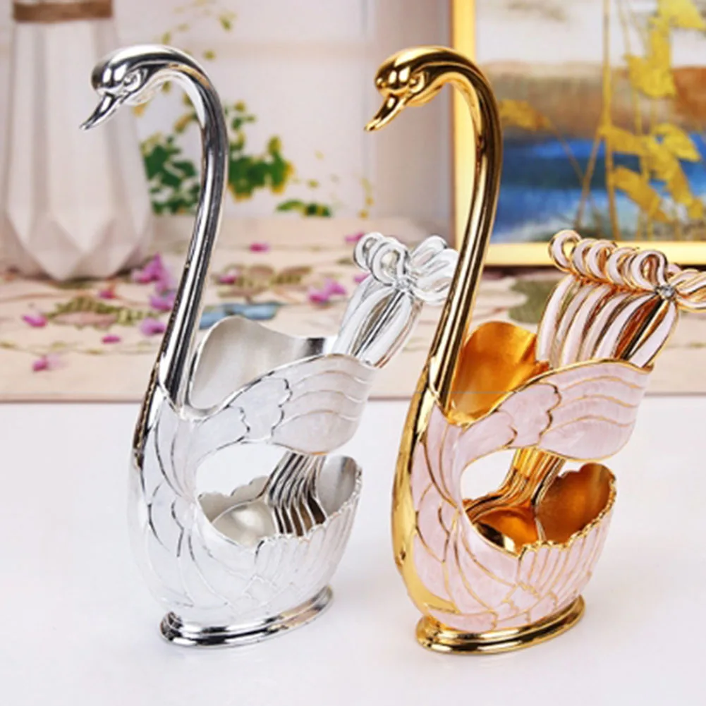 

6Pcs Tableware Spoon+Swan Shaped Base For Dessert Coffee Home Decoration 6Pcs Tableware Spoon+Swan
