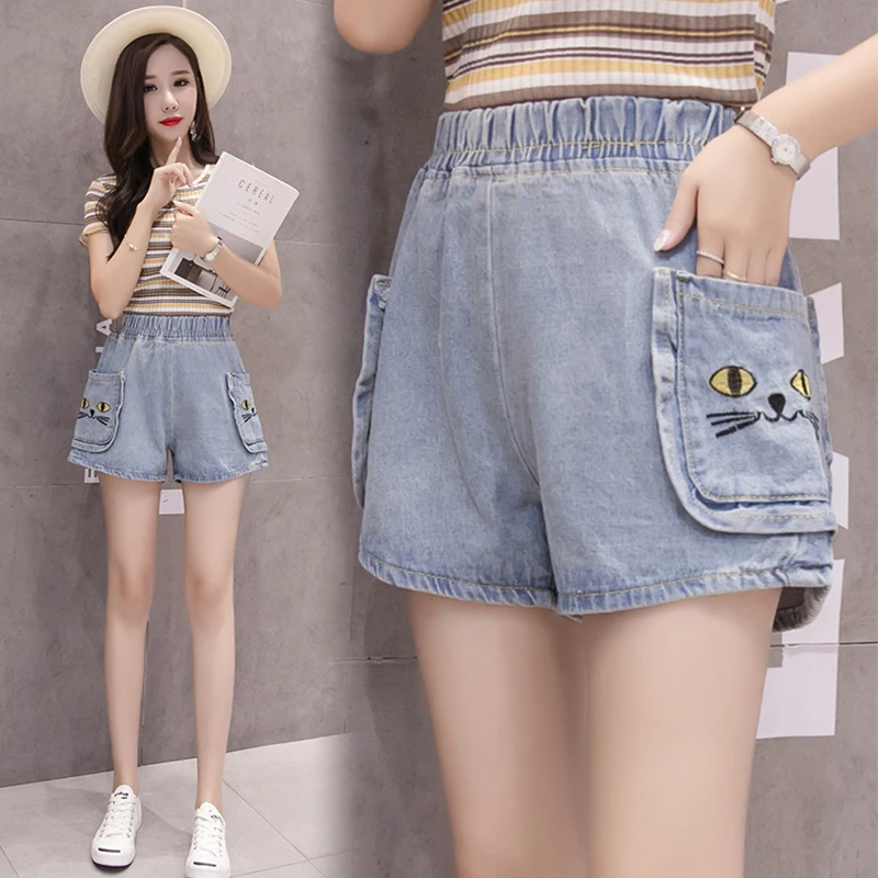 2019 New Summer Mori Girl Embroidery Cat Jeans Woman Pocket Wide Leg High Waist Shorts Plus Size S-5XL YY493 | Женская одежда