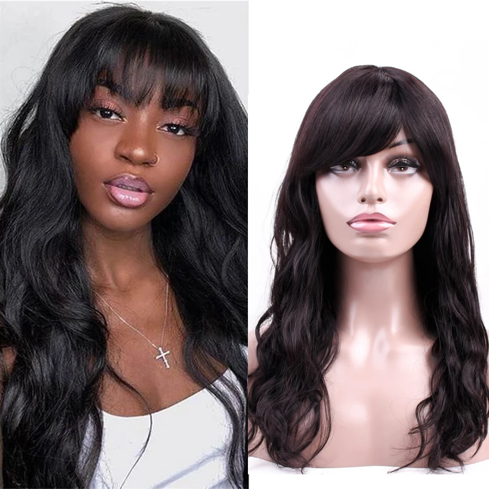

Brazilian Natural Wave Human Hair Wigs With Bangs Remy Full Machine Made Human Hair Wigs For Women 14 18 Inch Fringe Wig