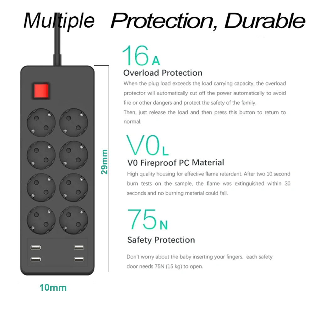 Несколько Мощность полосы Стабилизатор напряжения 8 розетки ЕС розетка с USB