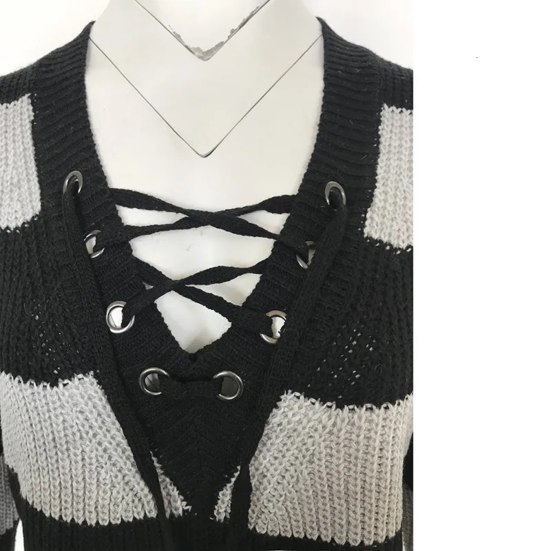 Plus Size Sweater Woman Cross Sexy V Neck Stripe Knitting Winter Pullover Jersey Mujer Invierno Female Patchwork Jumper Ey* | Женская