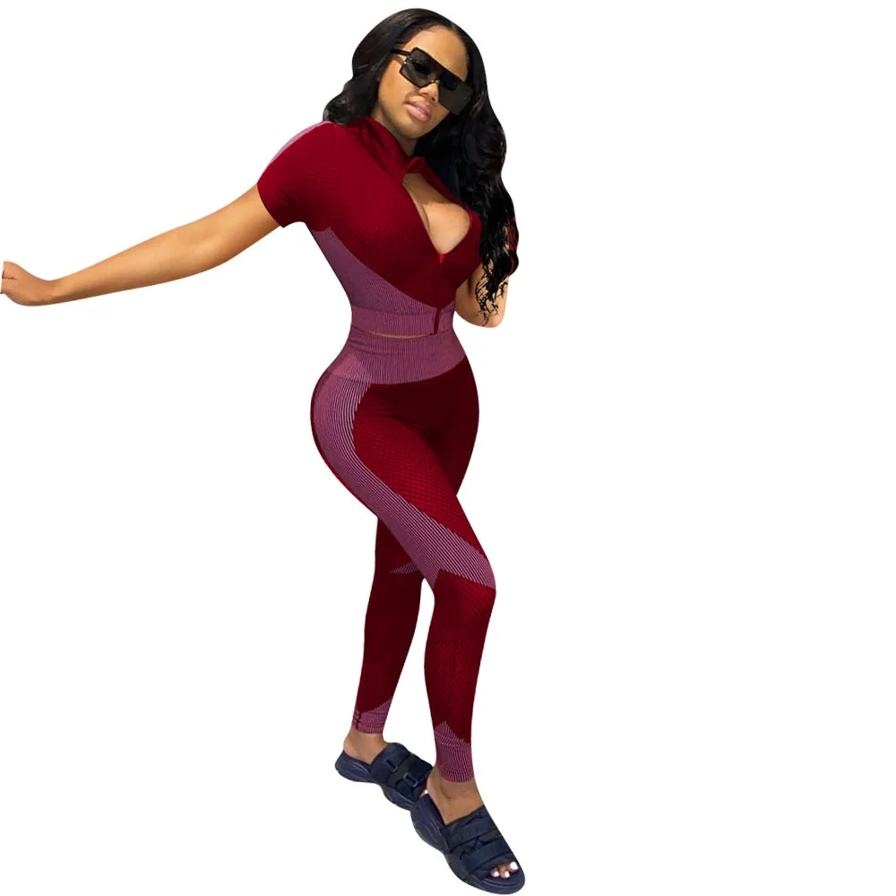 

Color Block Activewear Short Sleeve Slim Fit Crop Tops and Pencil Legging 2 Piece Set Women Club Outfits Workout Skinny Outfits