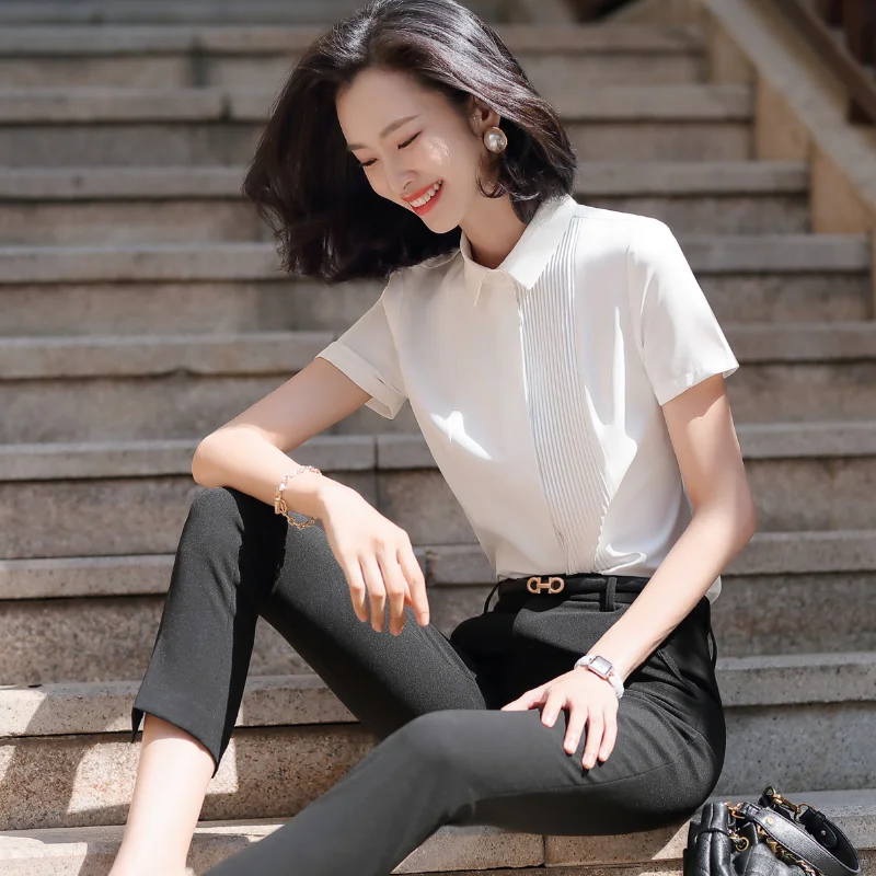 

Весенне-летняя белая рубашка женская Деловая одежда с коротким рукавом тонкий шифоновый топ дизайнерская нишевая офисная деловая рубашка