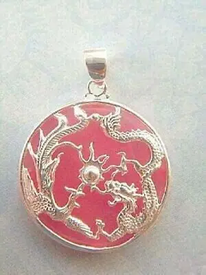 

Pink Jade Dragon Phoenix Sun Pendant and Free Chain Necklace